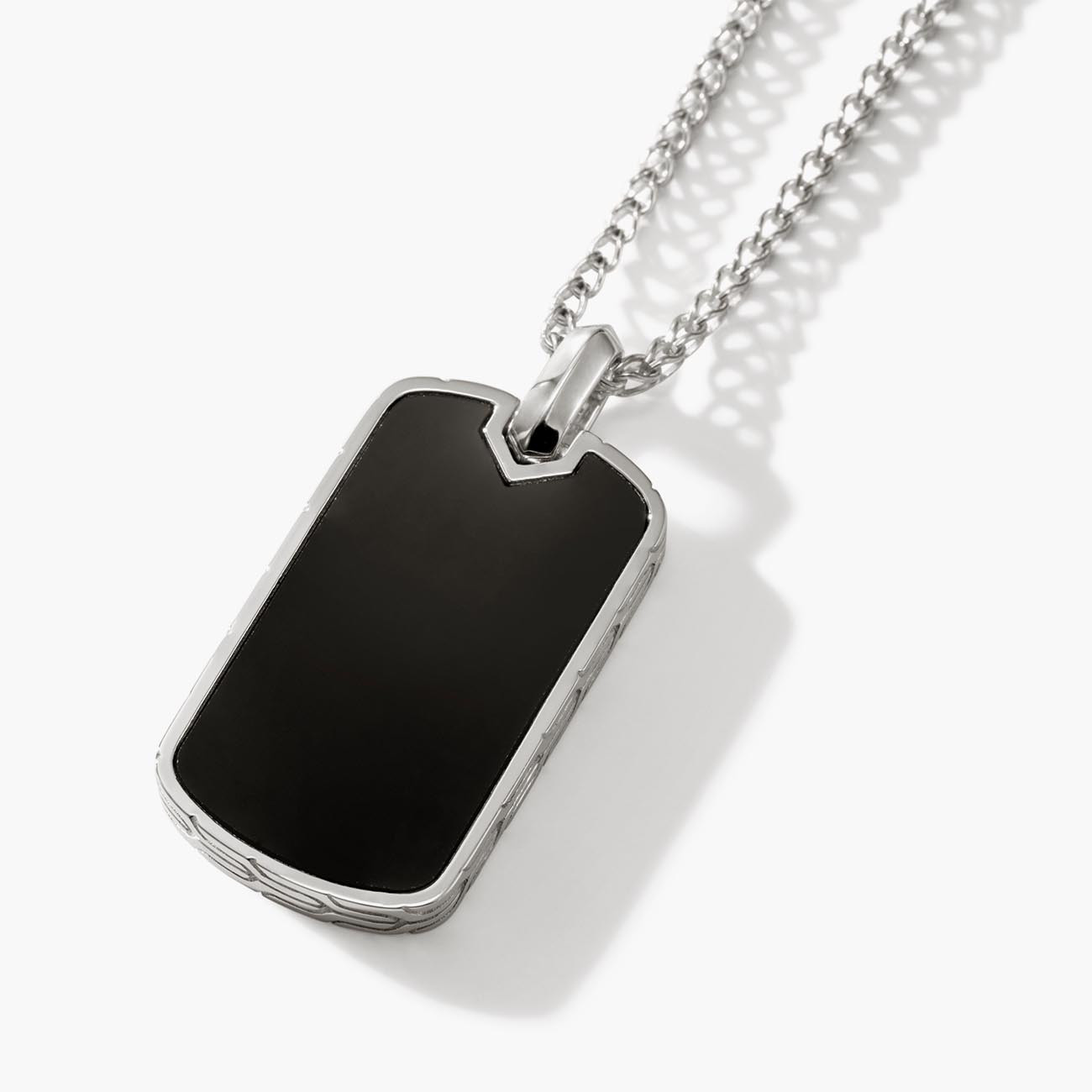 Silver Dog tag Pendant on Etruscan Chain Necklace with Treated Onyx Closeup
