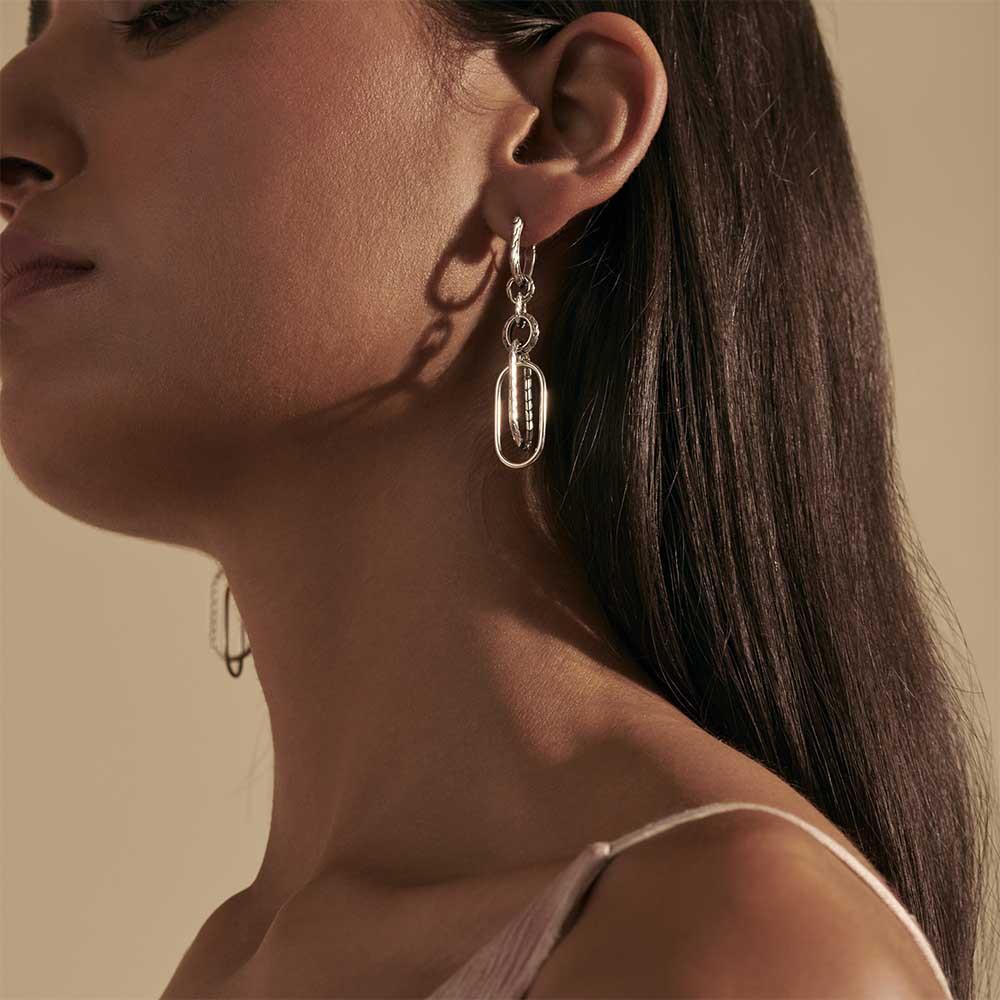 John Hardy Classic Remix Asymmetrical Link Drop Earrings on model