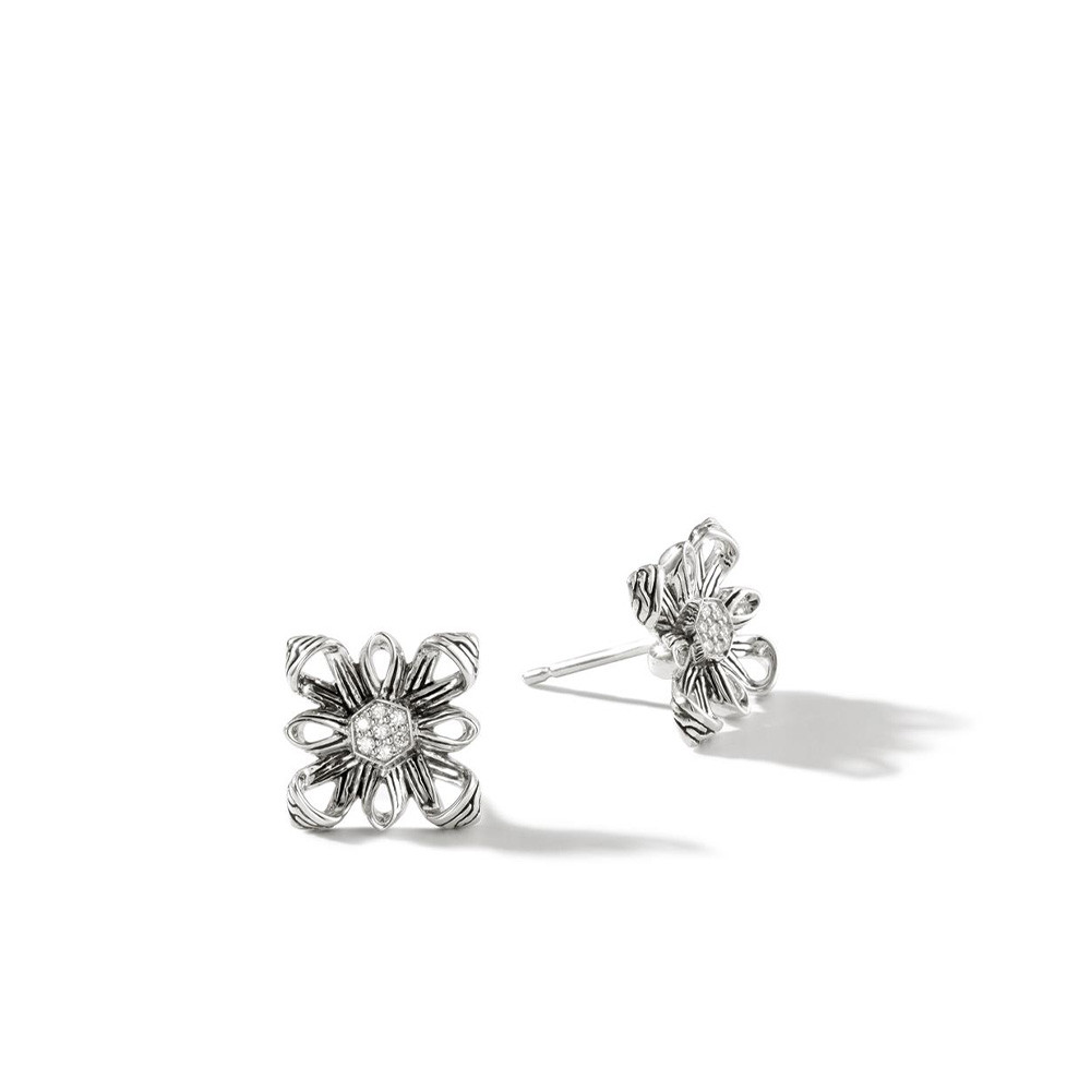 John Hardy Classic Silver Chain and Diamond Pave Floral Studs