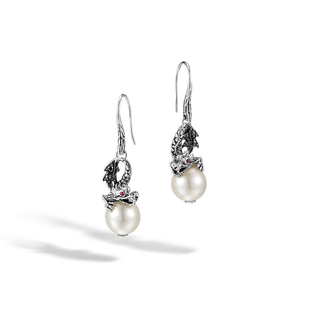 John Hardy Naga Legends Pearl & Black Sapphire Drop Earrings