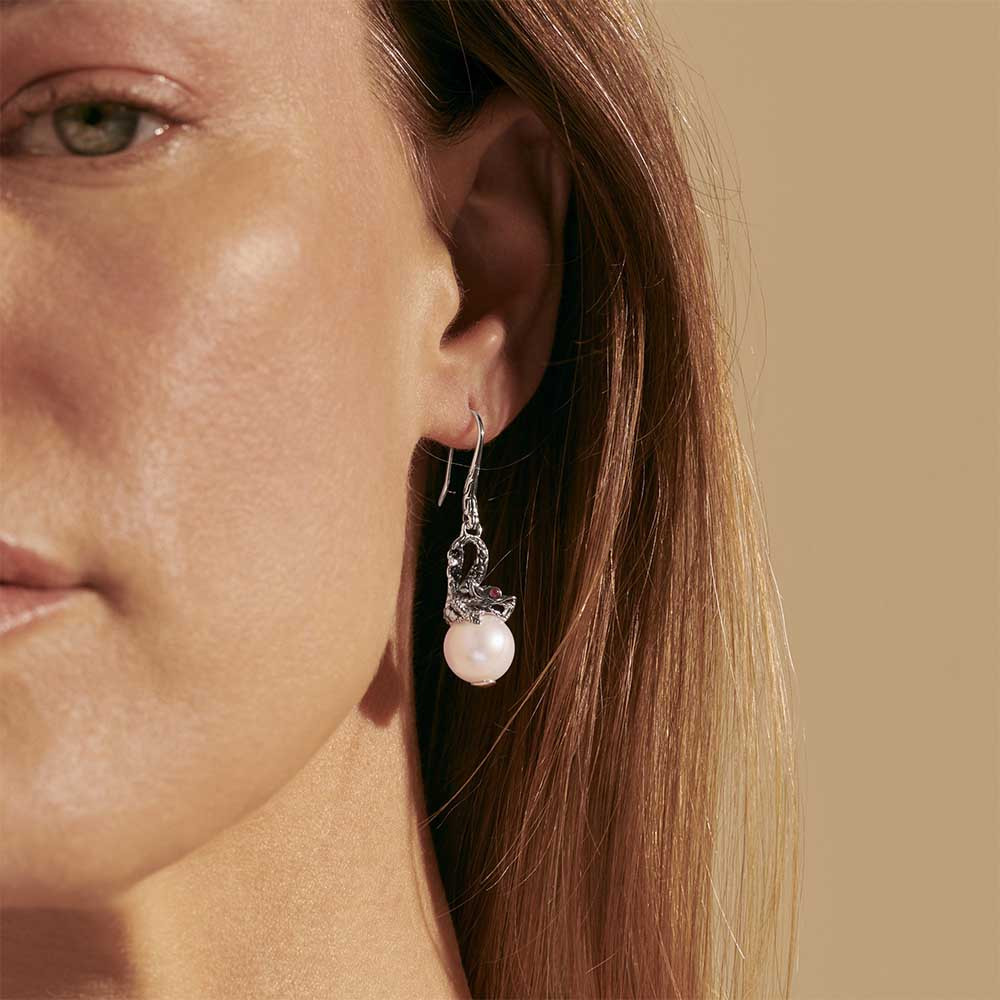 John Hardy Naga Legends Pearl & Black Sapphire Drop Earrings on model