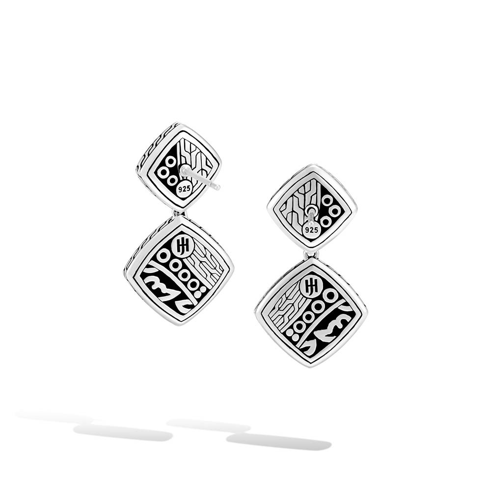 John Hardy Classic Chain Hammered Silver Black Sapphire Square Drop Earrings
