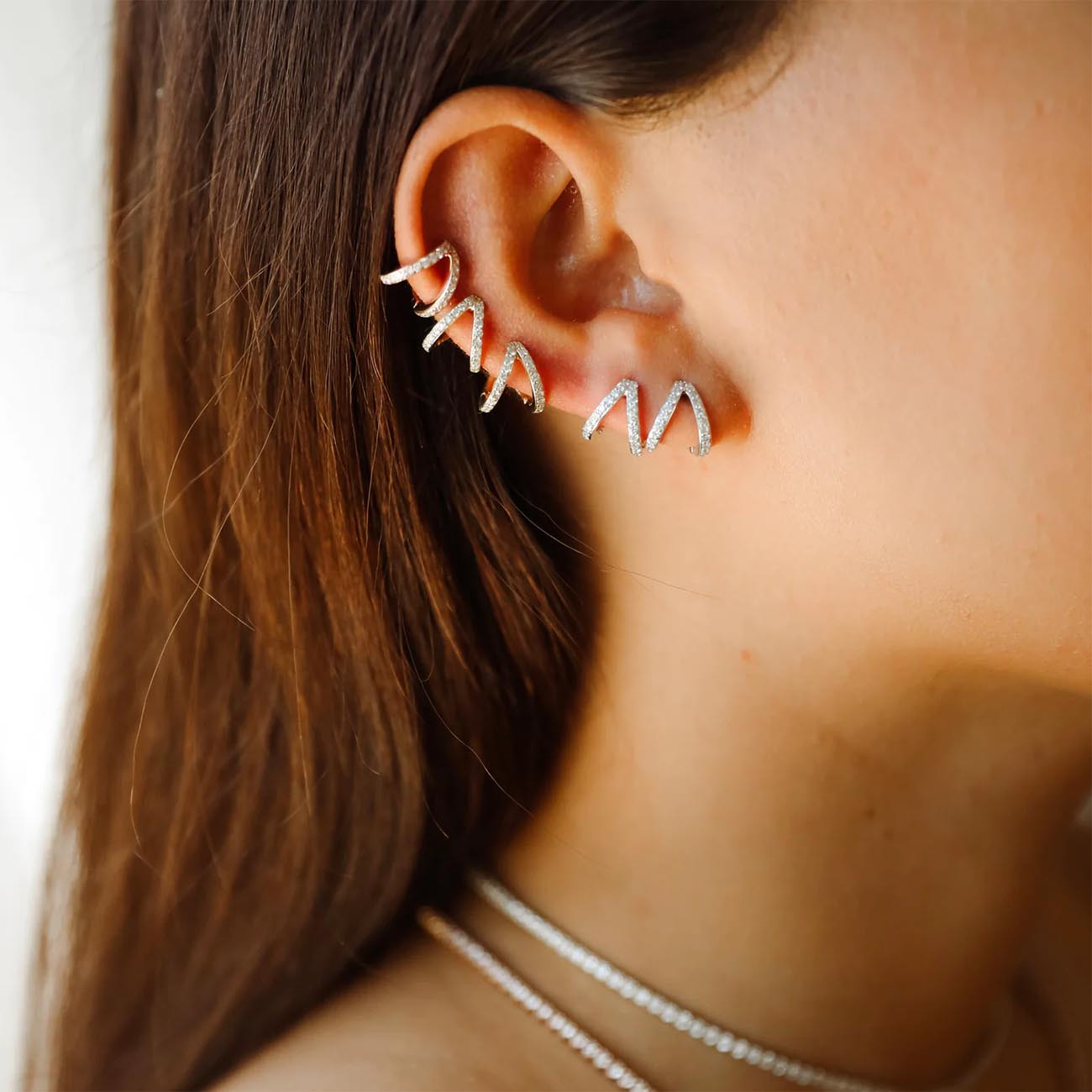 Rose Gold Diamond Split Huggie Earrings by Carbon & Hyde on Model 