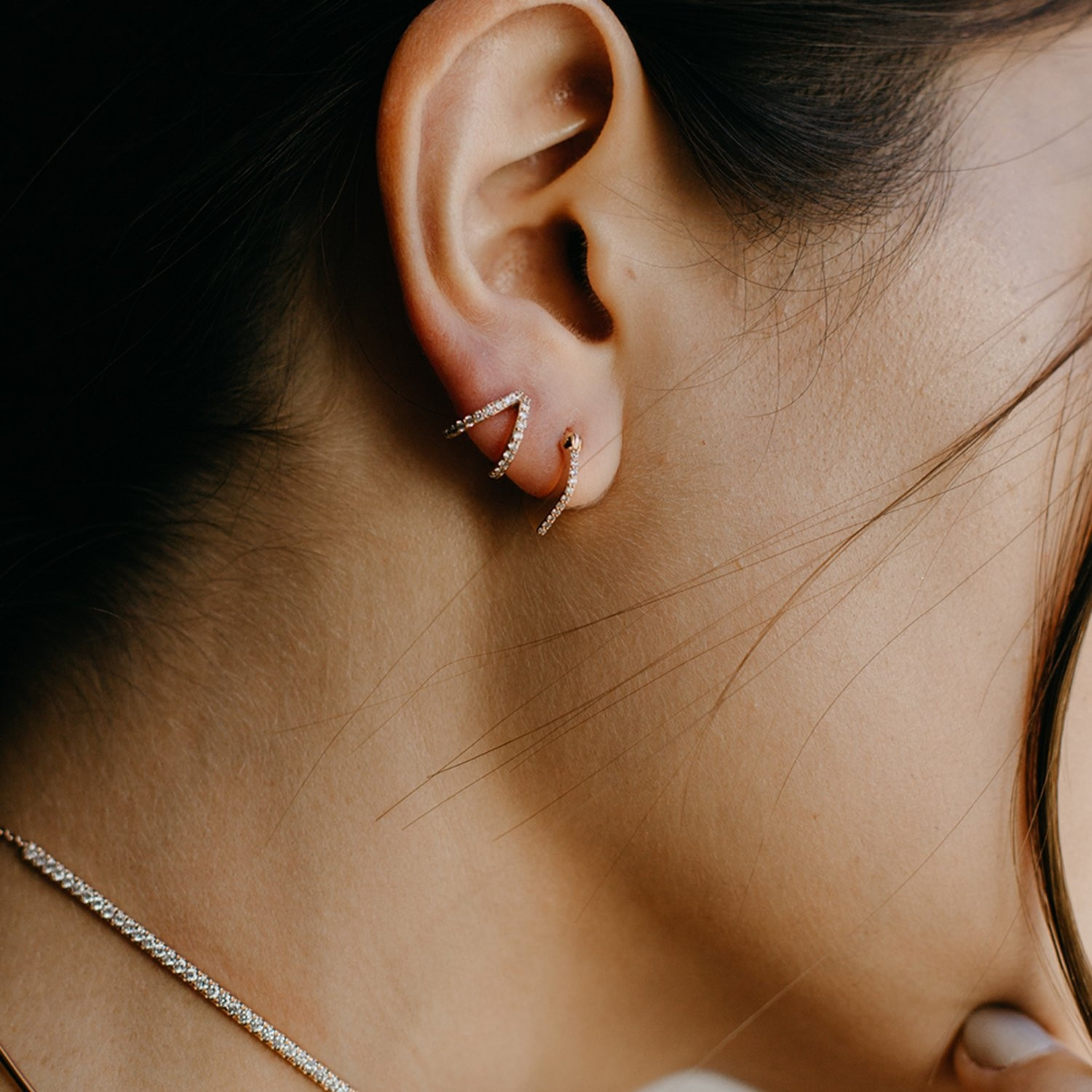 White Gold Diamond Split Huggie Earrings by Carbon & Hyde on Model 