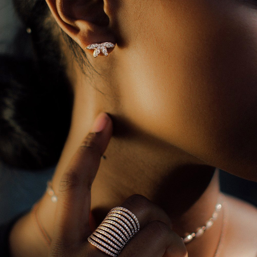 Carbon & Hyde Calypso Rose Gold Diamond Stud Earrings on Model