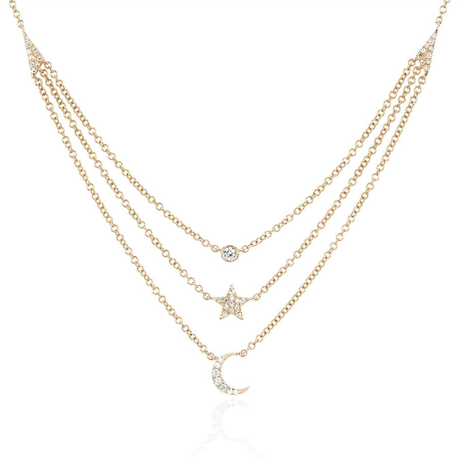 EF Collection Diamond Bezel Star & Moon Rose Gold Layered Necklace