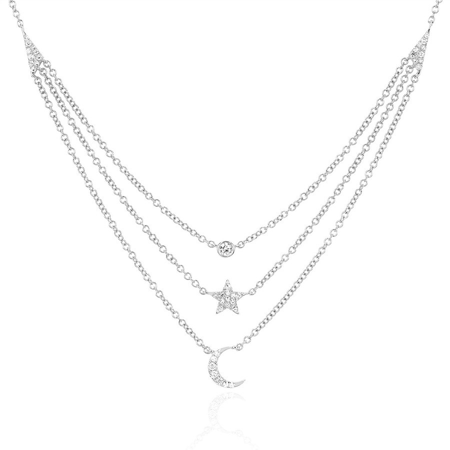 EF Collection Diamond Bezel Star & Moon White Gold Layered Necklace