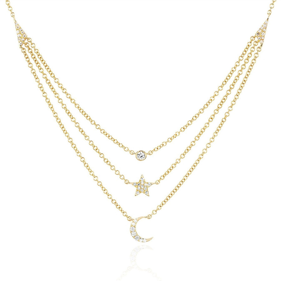EF Collection Diamond Bezel Star & Moon Yellow Gold Layered Necklace