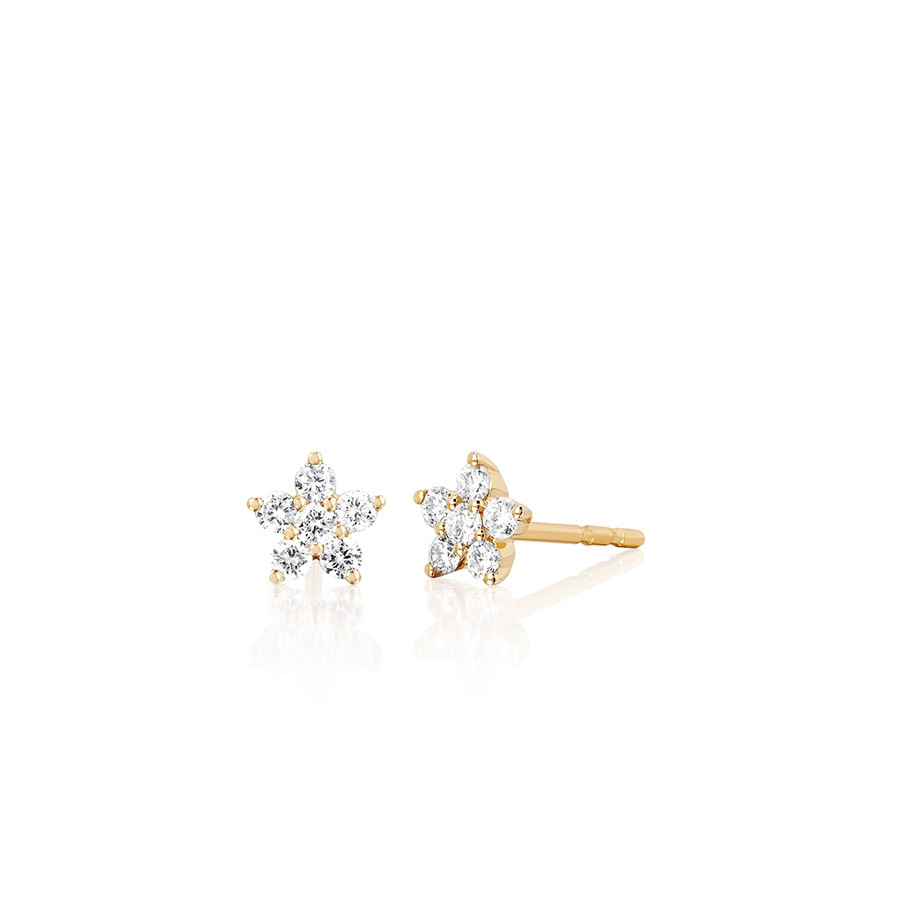 Yellow Gold Diamond Flower Stud Earrings by EF Collection 