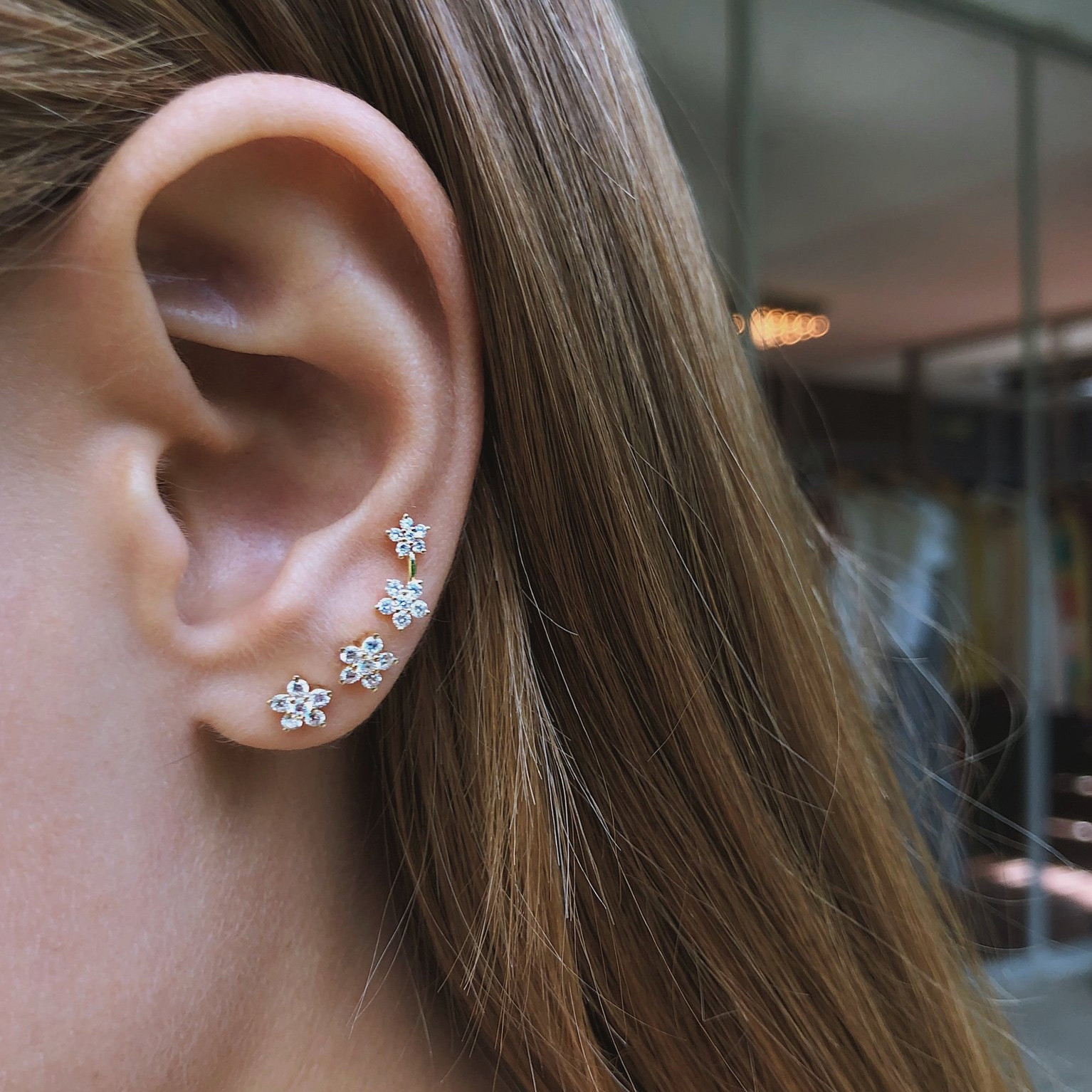 Single & Double Flower Diamond Stud Earring Set by EF Collection on Model 
