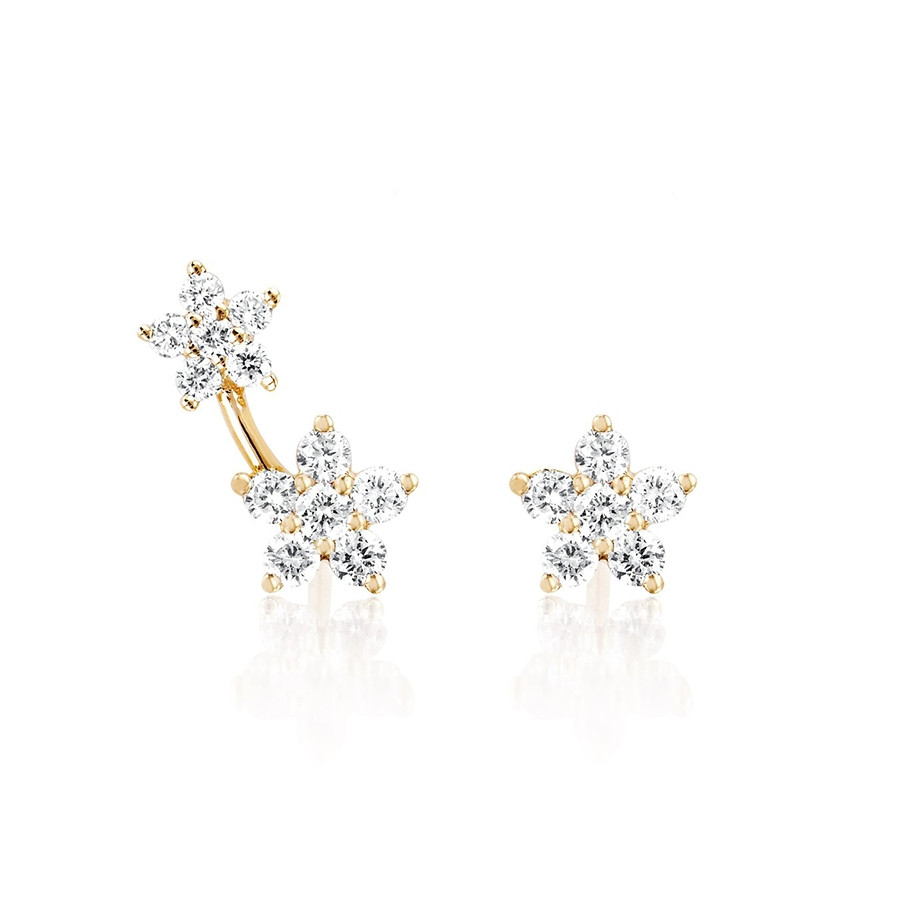 Yellow Gold Single & Double Flower Diamond Stud Earring Set by EF Collection 