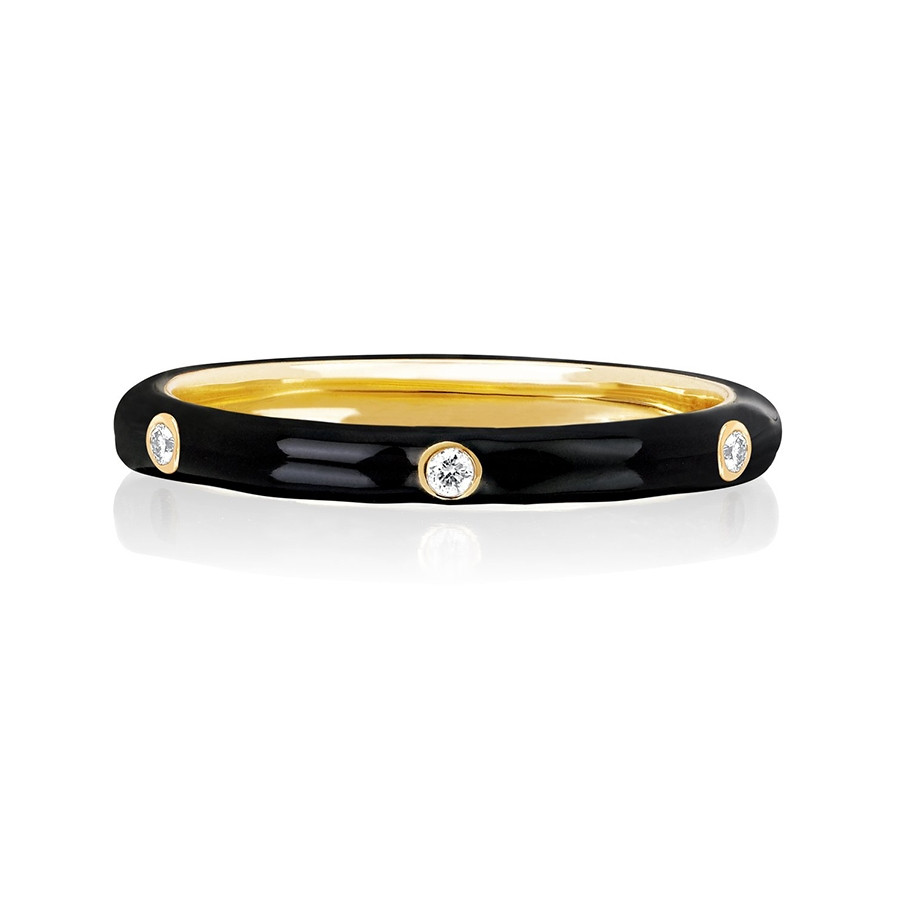 Black Enamel 3 Diamond Stack Ring by EF Collection Yellow Gold