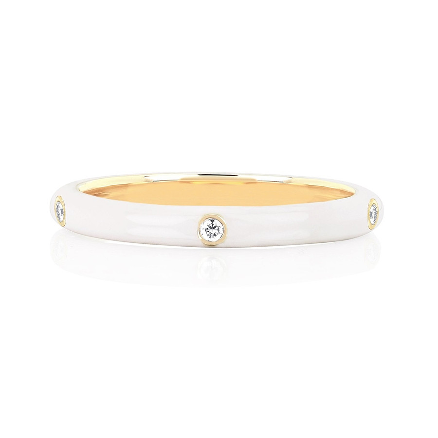 White Enamel 5 Diamond Stack Ring by EF Collection Yellow Gold