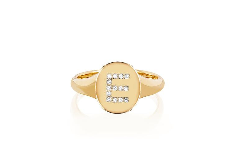 EF Collection Diamond Initial Oval Ring in 14K Gold front view