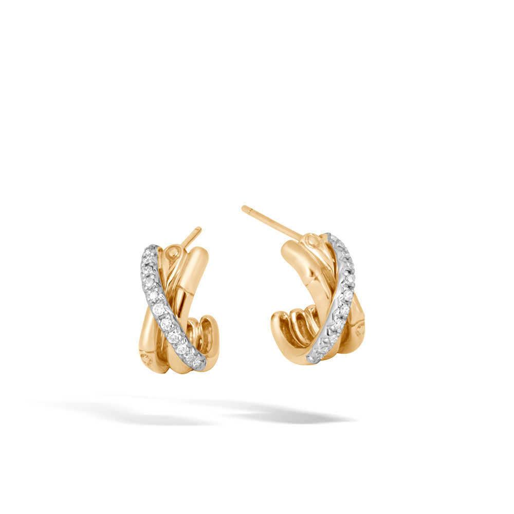 John Hardy Yellow Gold Bamboo Small Diamond J Hoop Earrings