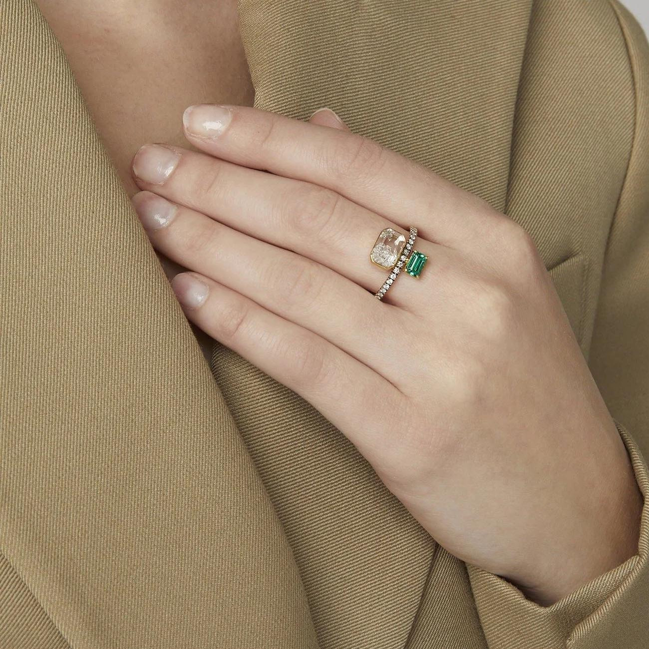 Moritz Glik Green Emerald and Diamond Shaker Ring Model