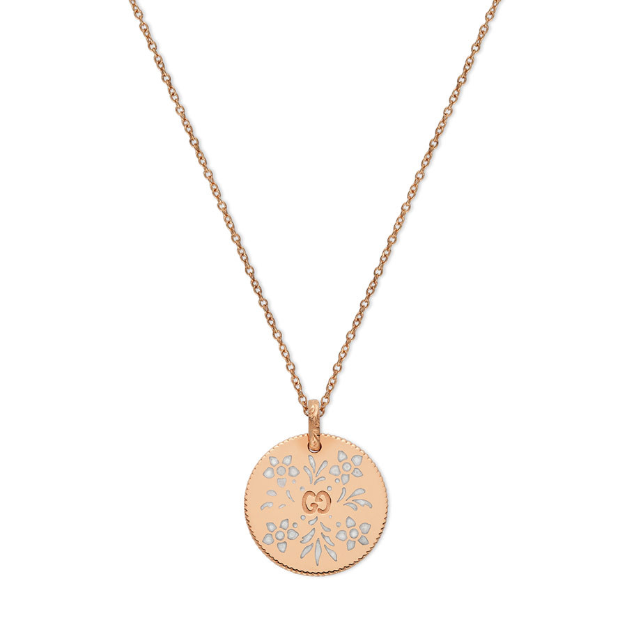 Gucci Icon Enamel Blossoms Circle Pendant Necklace in Rose Gold
