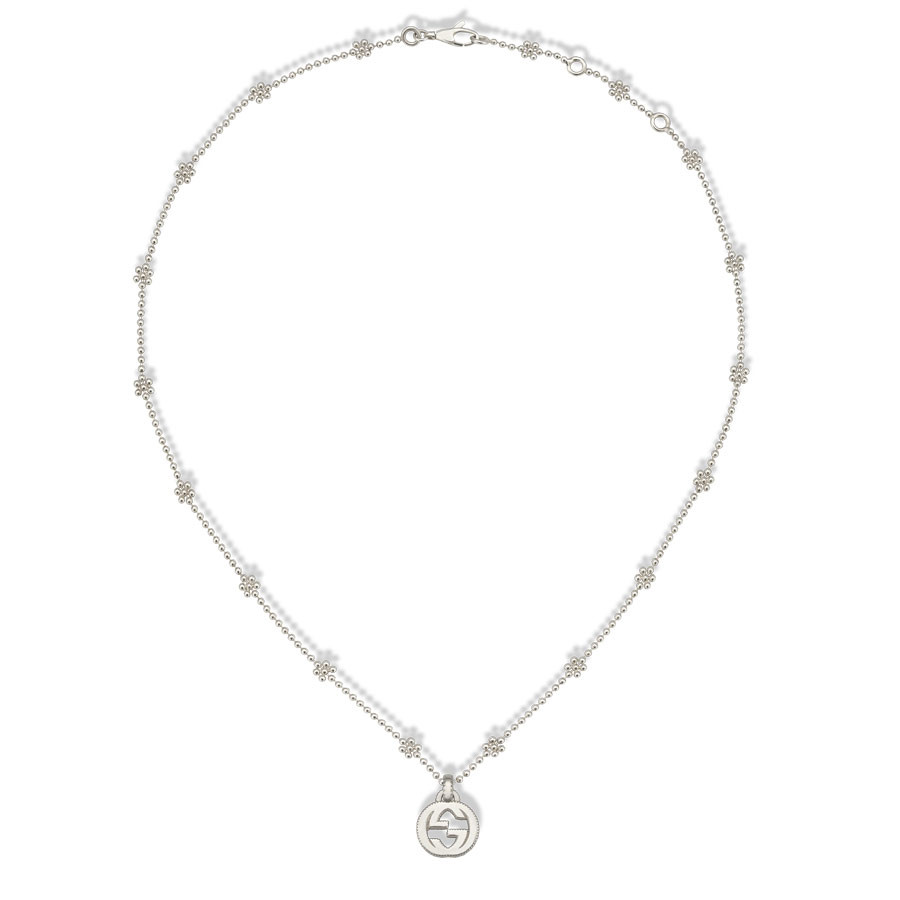 Gucci Silver Station Flower Chain Interlocking G Necklace Full View