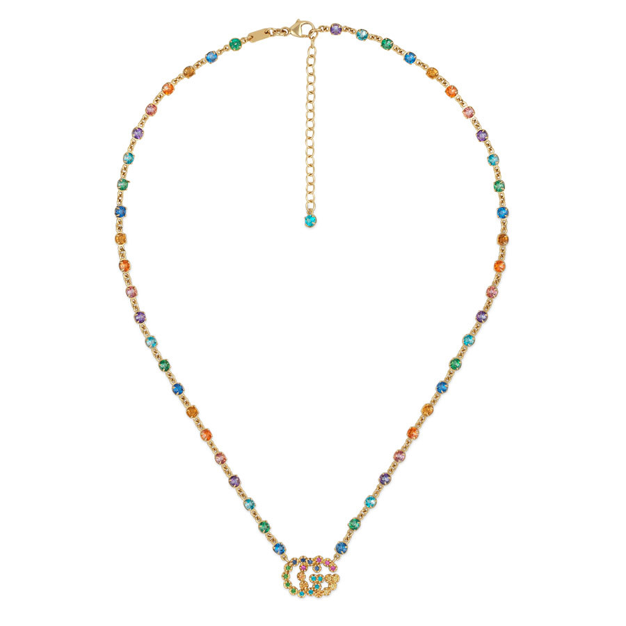 Gucci Running G Mixed Gemstone Yellow Gold Pendant Necklace Full View