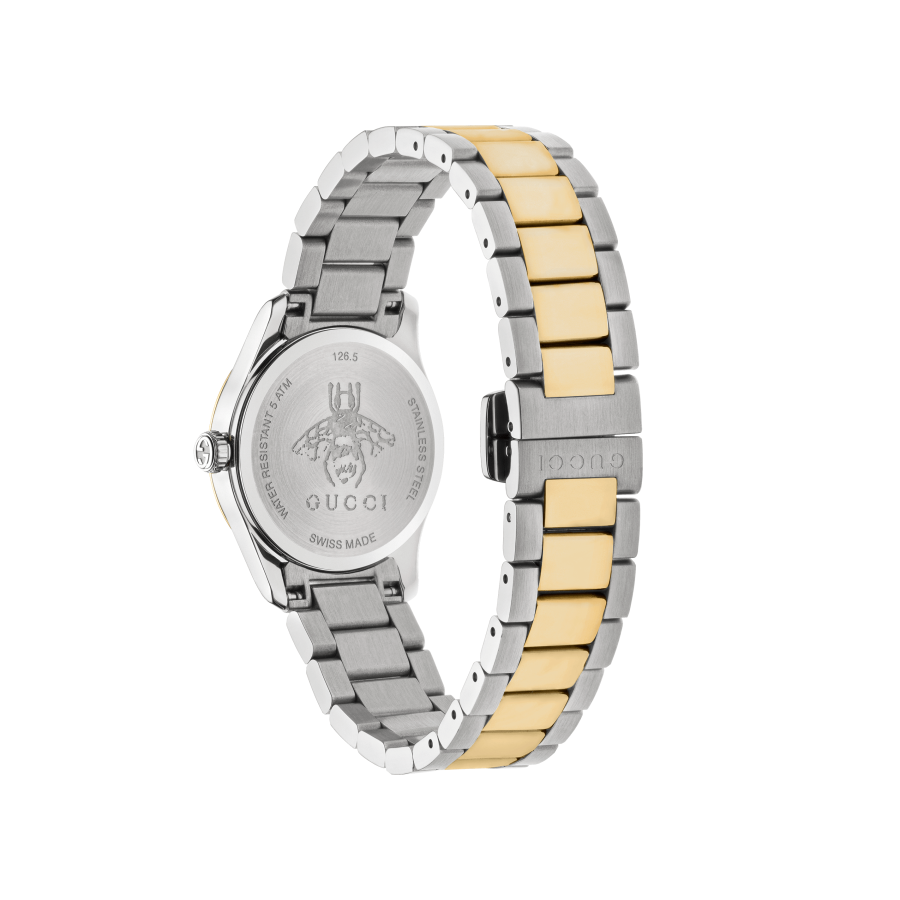 Gucci G-Timeless Two Tone Feline Head Watch with Mother of Pearl back view