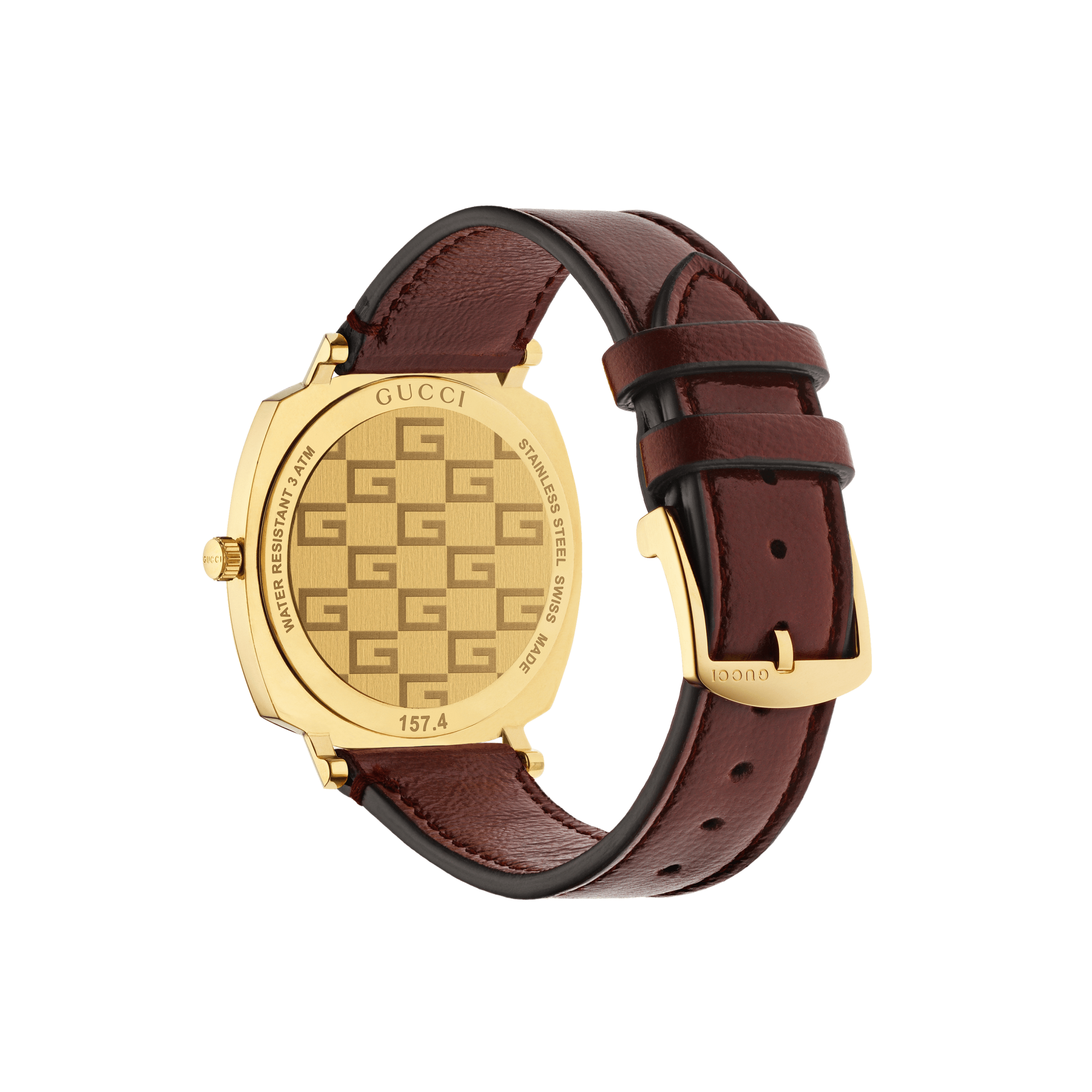 Gucci Grip 38mm Yellow Gold and Bordeaux Leather Strap back view