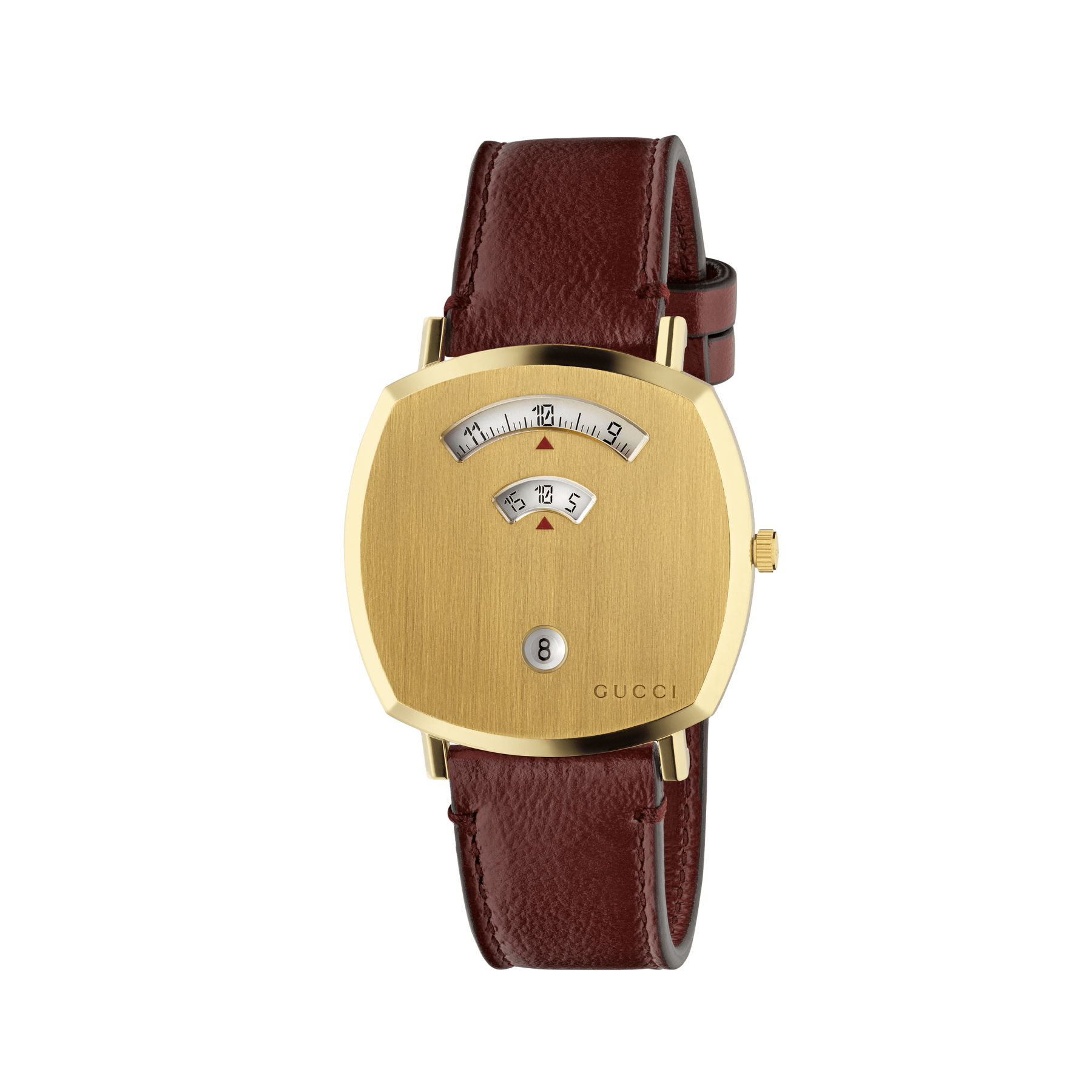 Gucci Grip 38mm Yellow Gold and Bordeaux Leather Strap front view