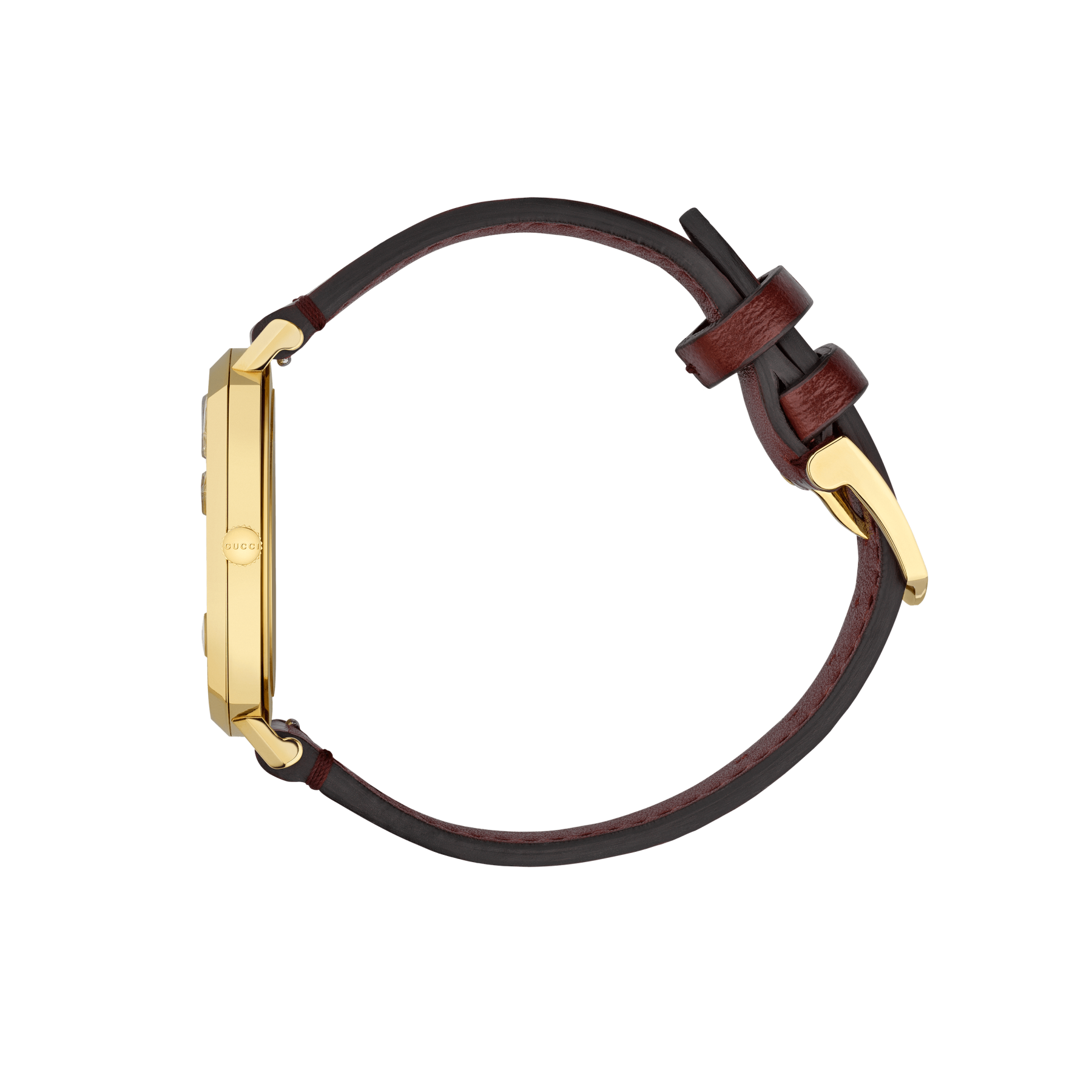 Gucci Grip 38mm Yellow Gold and Bordeaux Leather Strap side view