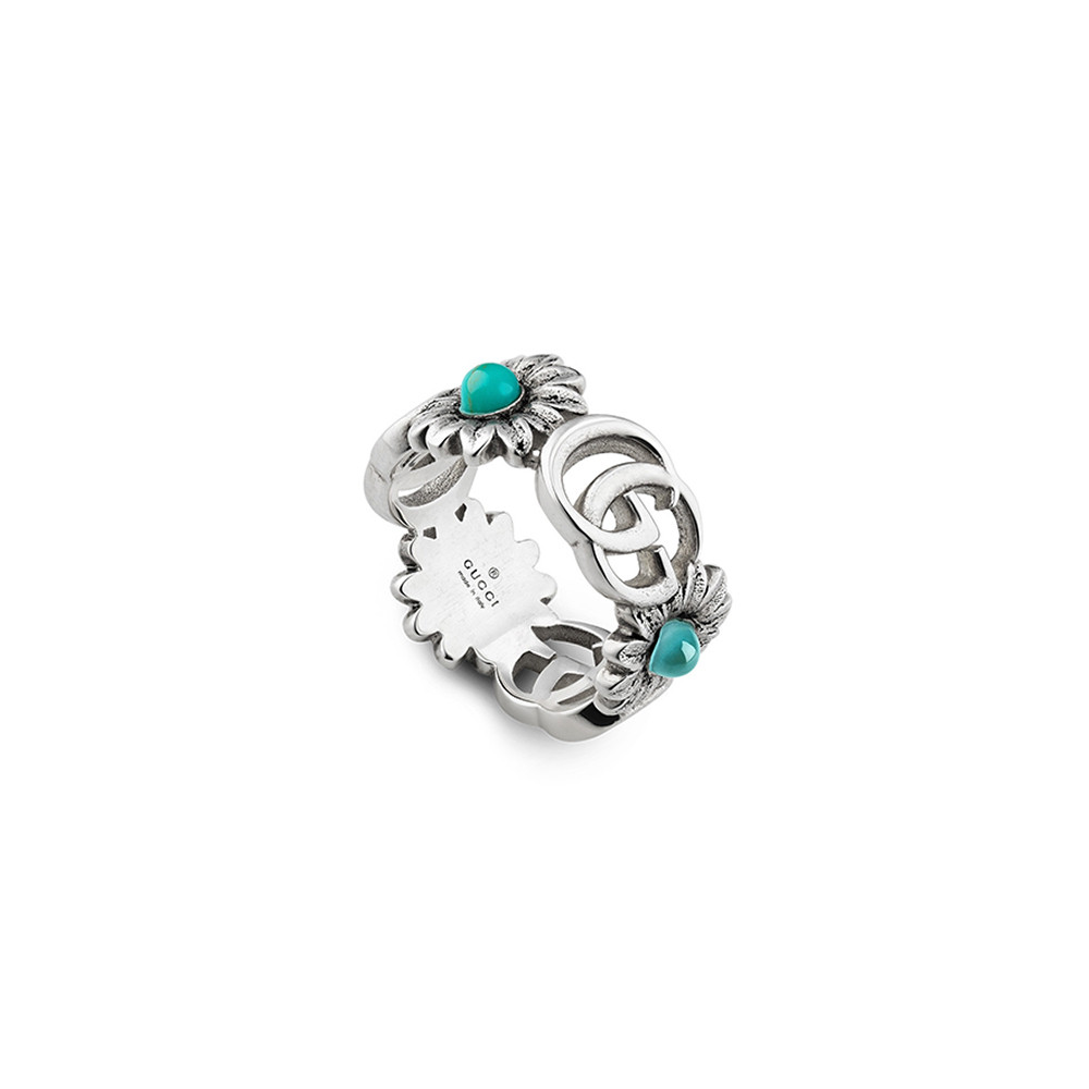 Gucci Turquoise Flower GG Marmont Silver Band Ring