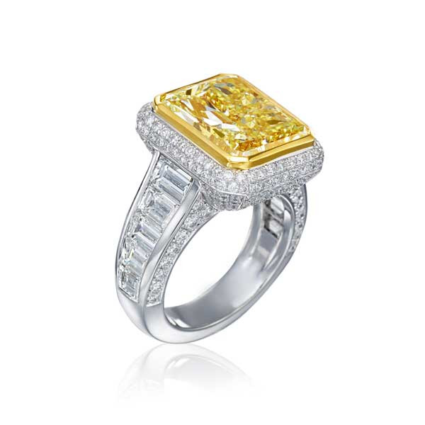 Platinum Square Radiant Yellow Diamond Ring Side View