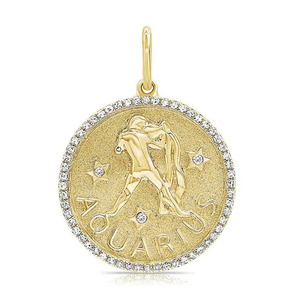 14k Gold and Pendant Aquarius Zodiac Diamond