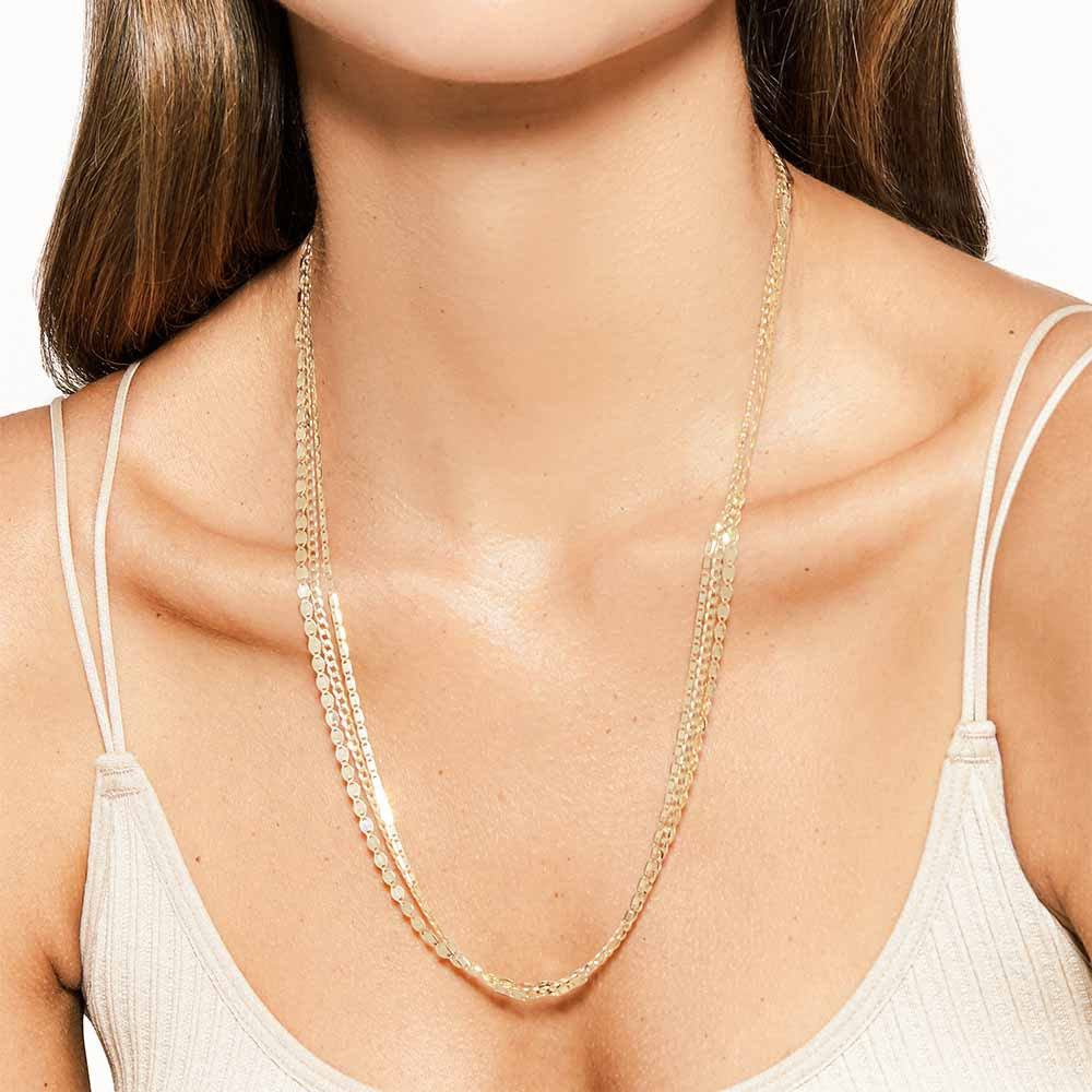 Lana Triple Strand Necklace in Yellow Gold on model