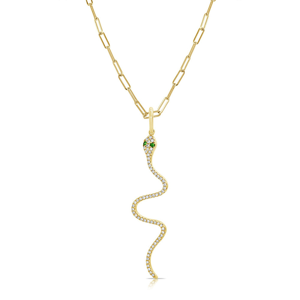 Diamond and Tsavorite Snake Yellow Gold Pendant Necklace
