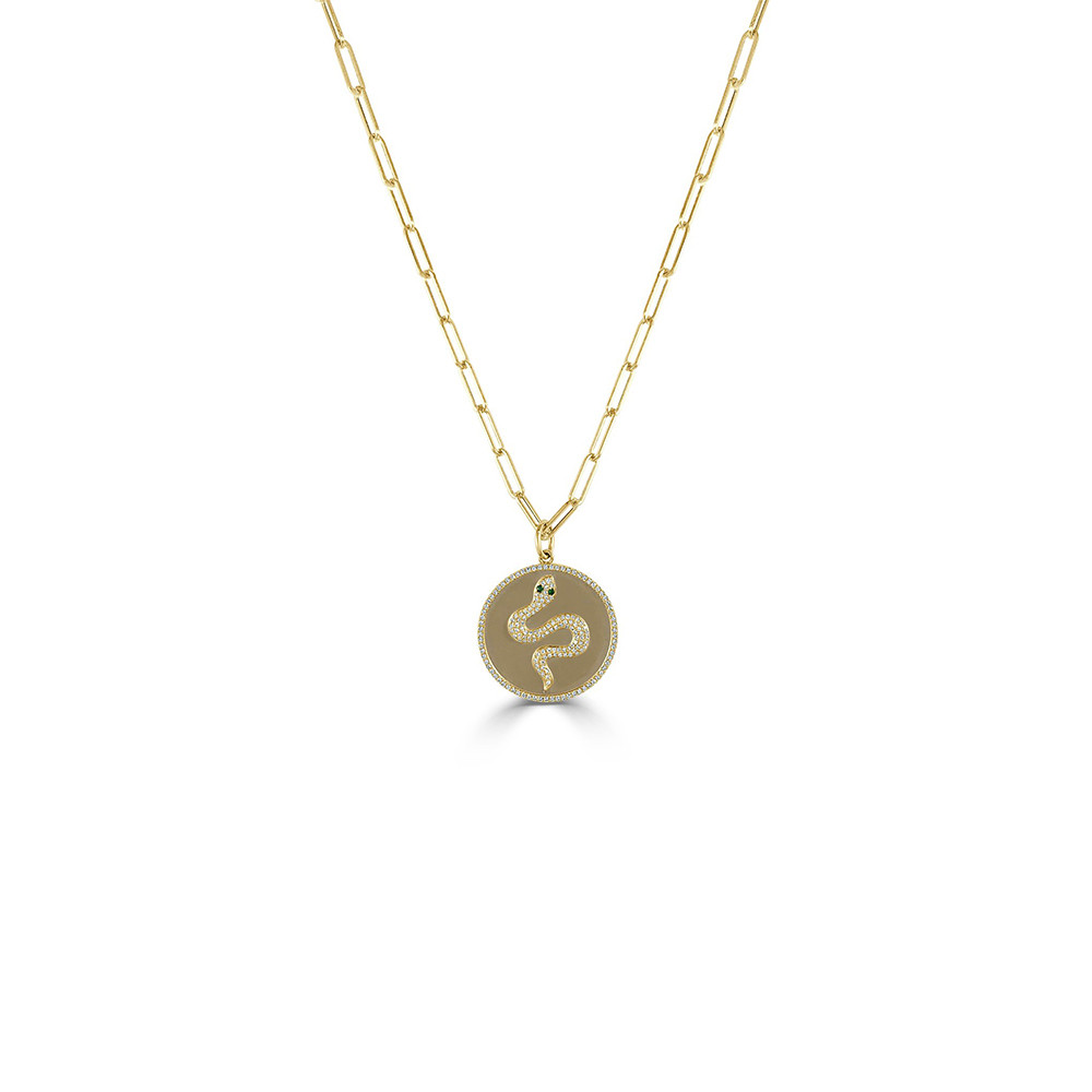 Diamond and Tsavorite Snake Yellow Gold Disc Pendant Necklace