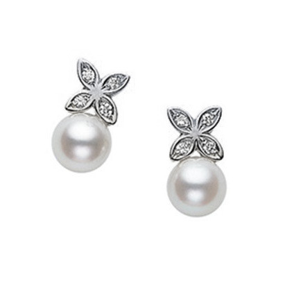 Mikimoto Akoya Pearl 18kt White Gold Diamond Flower Earrings