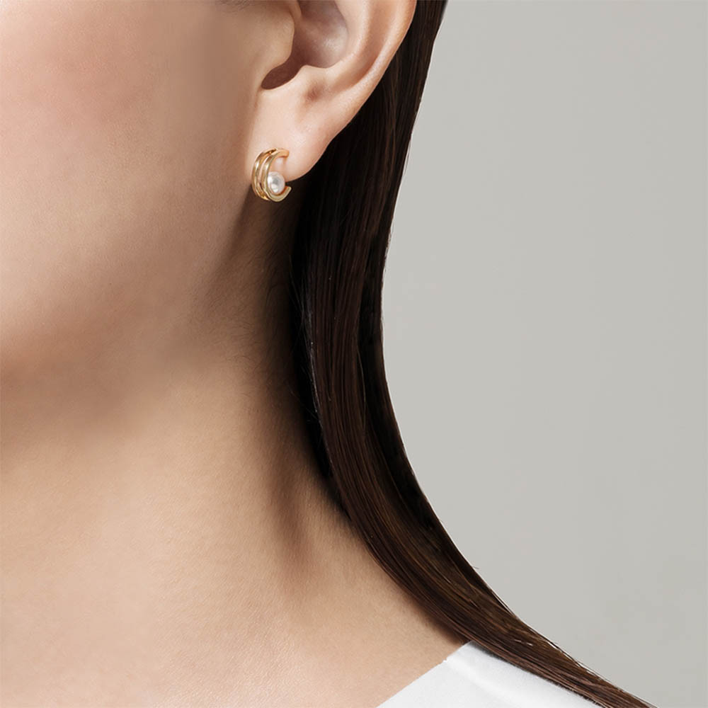 Mikimoto Akoya Pearl Yellow Gold Huggie Earrings on model