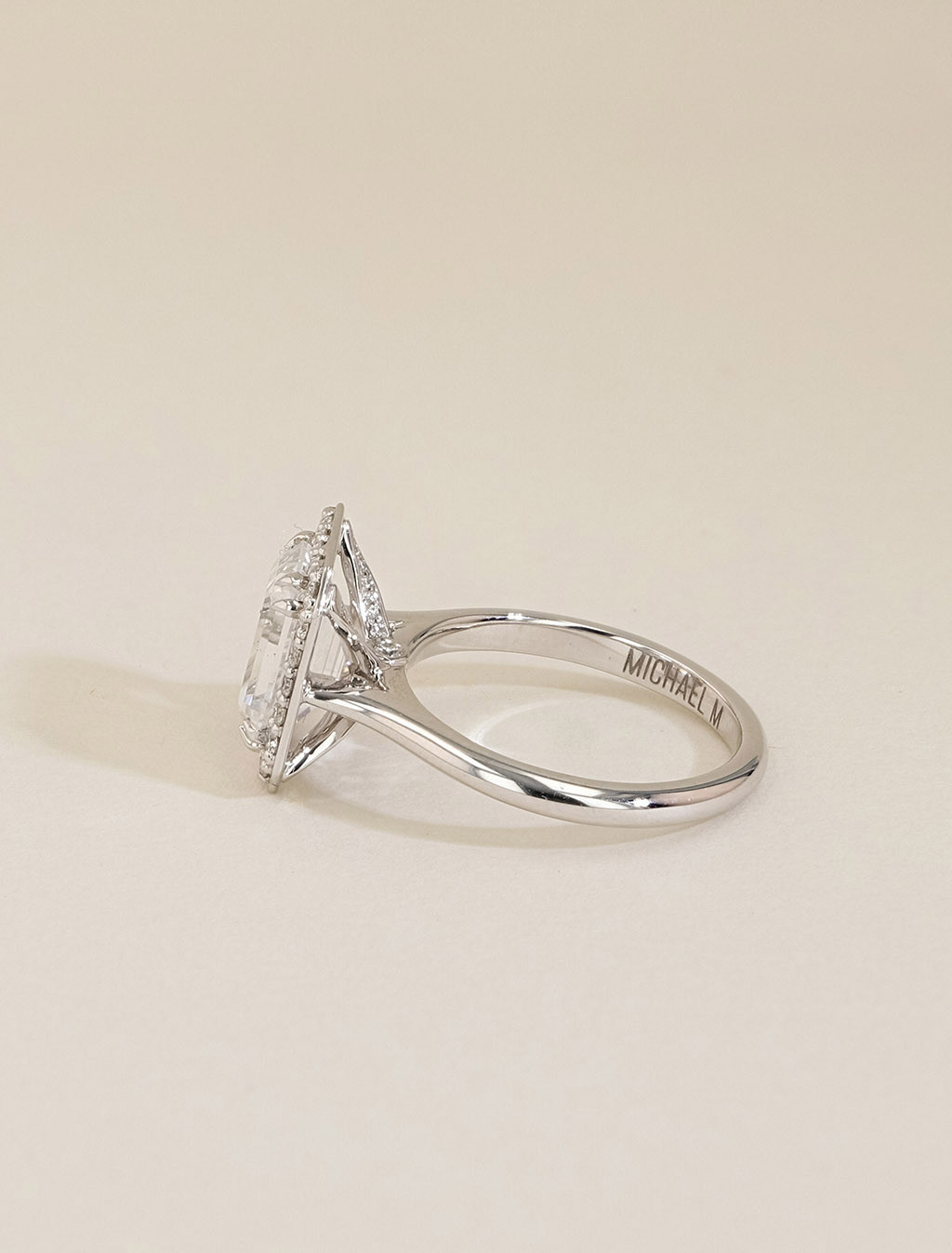 Michael M 18K Gold Emerald Halo Diamond Engagement Ring Setting side view
