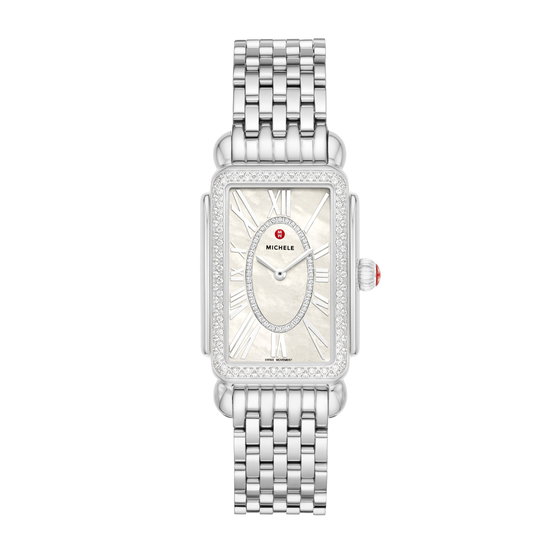 Michele Deco Park Steel Diamond Rectangle Watch – 26.5mm front view