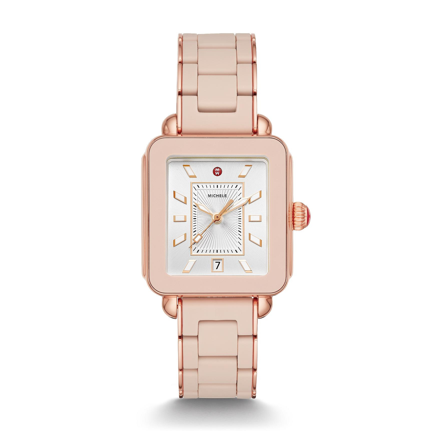 Michele Deco Sport Pink Gold Watch with Rose Rubber Link Strap
