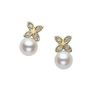 Mikimoto Akoya Pearl Yellow Gold Clover Diamond Earrings
