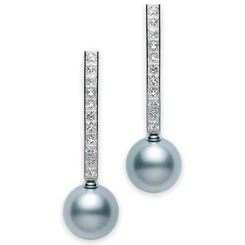 Mikimoto Elements of Life Grey Pearl and Diamond White Gold Wind Earrings 10mm 