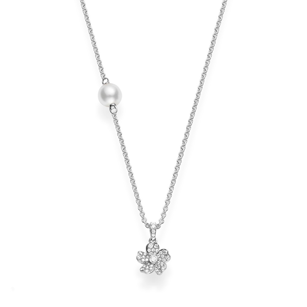 Mikimoto White Gold Pearl & Diamond Cherry Blossom Necklace