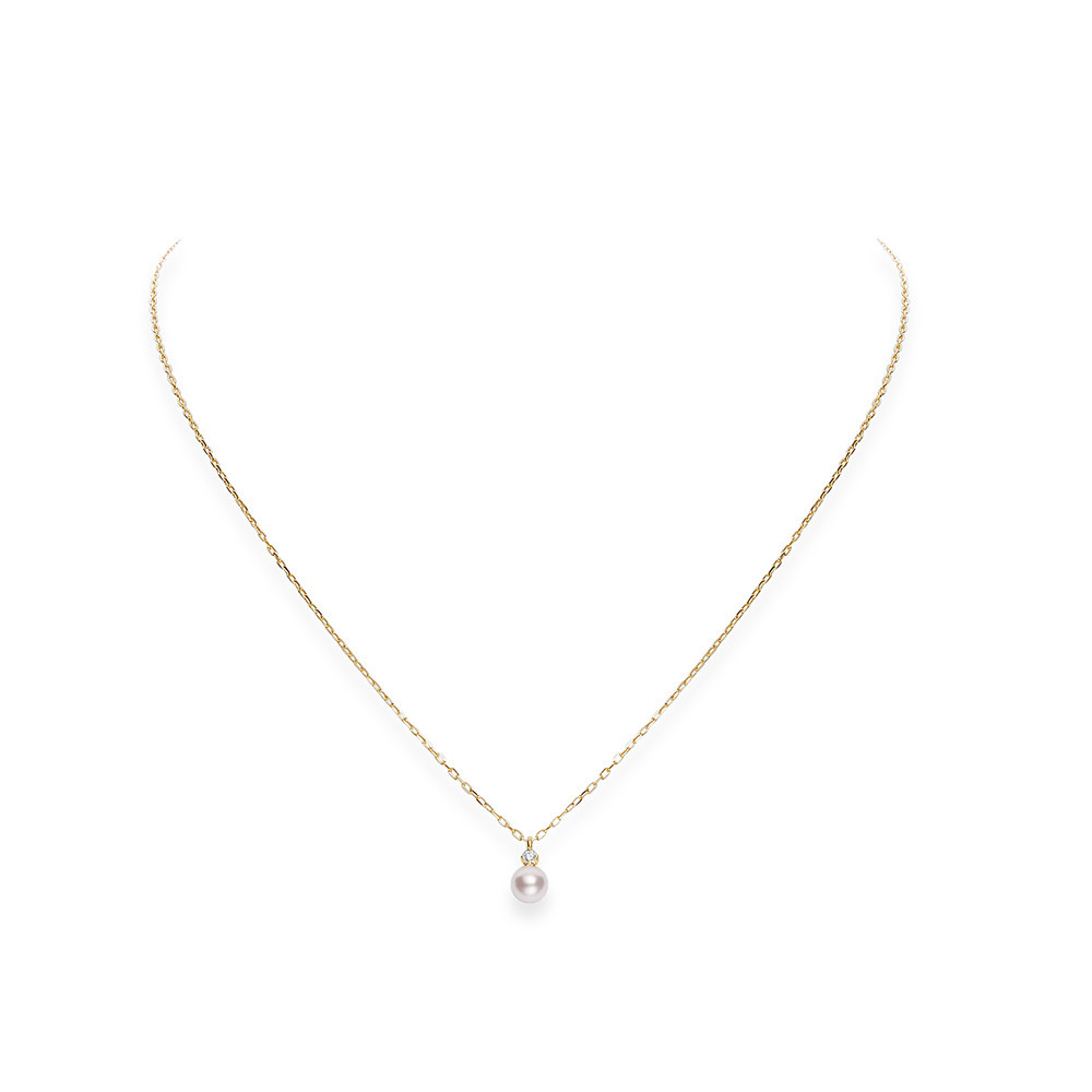 Mikimoto Akoya Pearl Diamond Drop Pendant Necklace in Yellow Gold 
