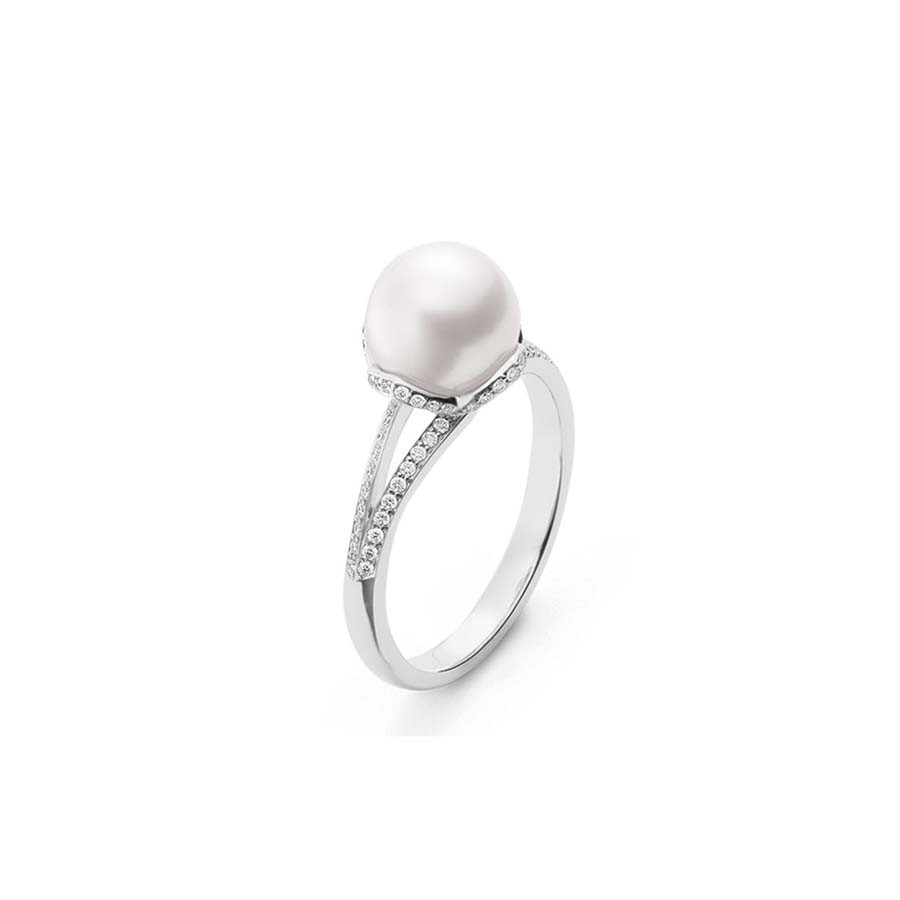 Mikimoto Embrace White Gold Pearl Diamond Ring Front View