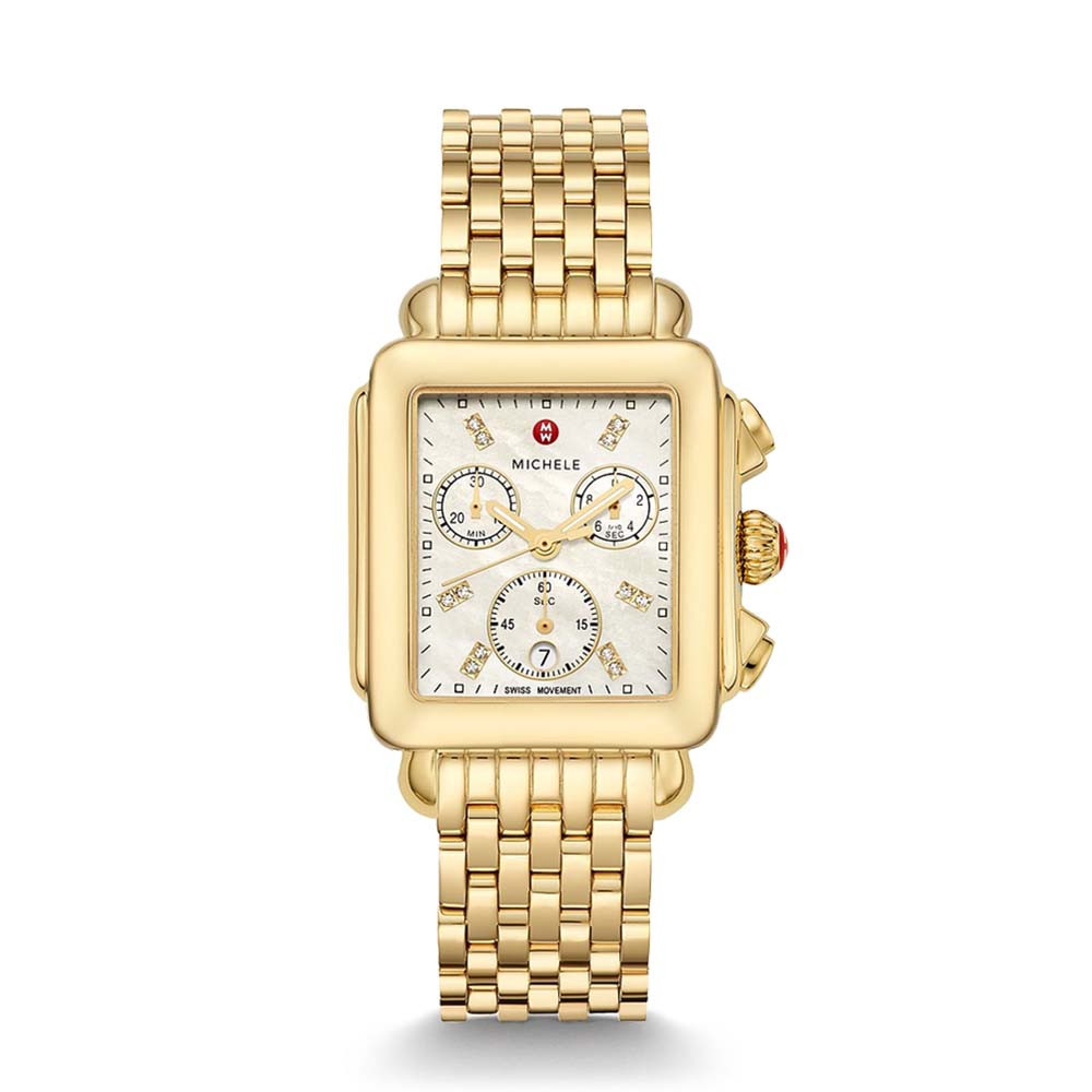Deco Yellow Gold Diamond & White Mother of Pearl Michele Watch on Bracelet