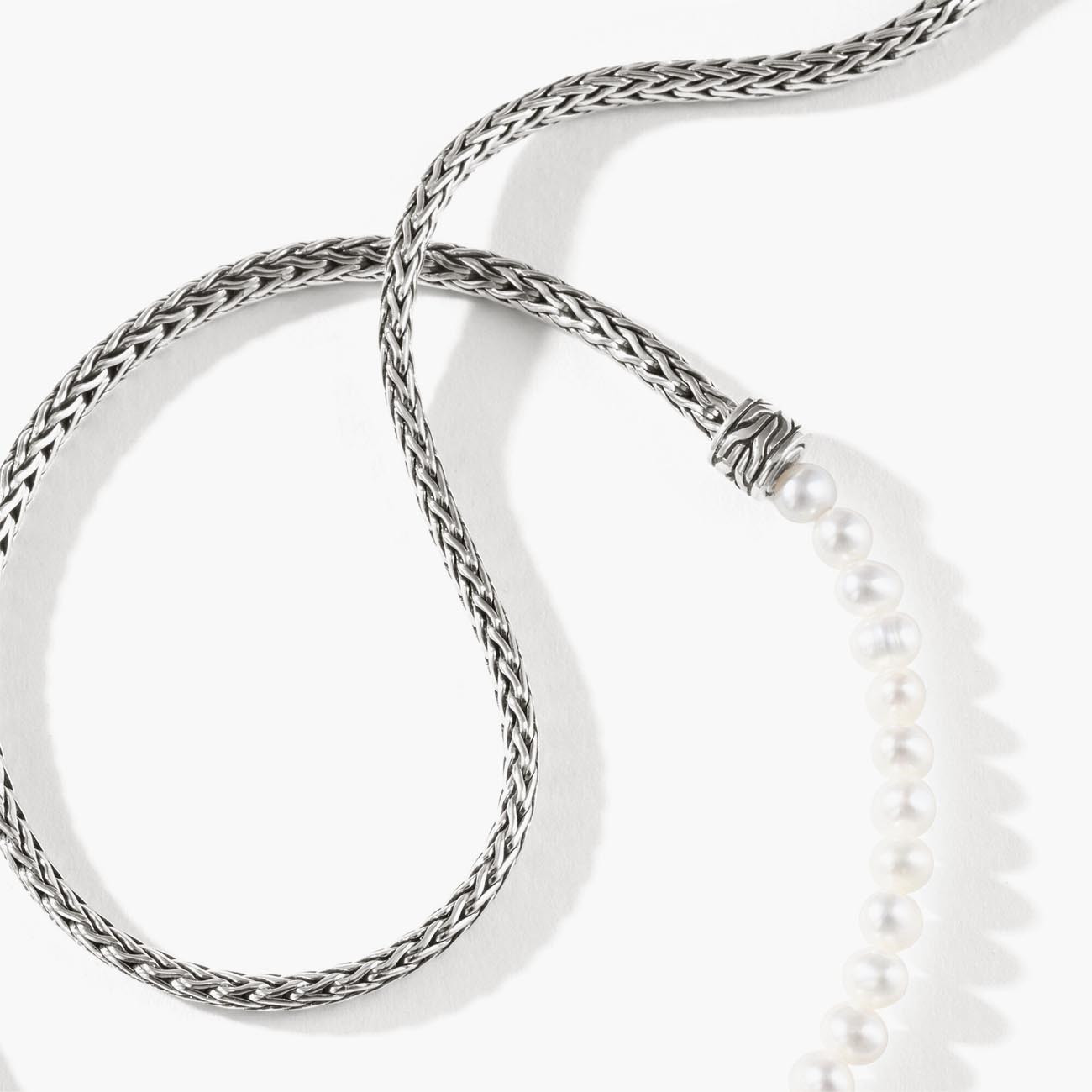 John Hardy Classic Mini Silver Chain and Pearl Adjustable Necklace Closeup