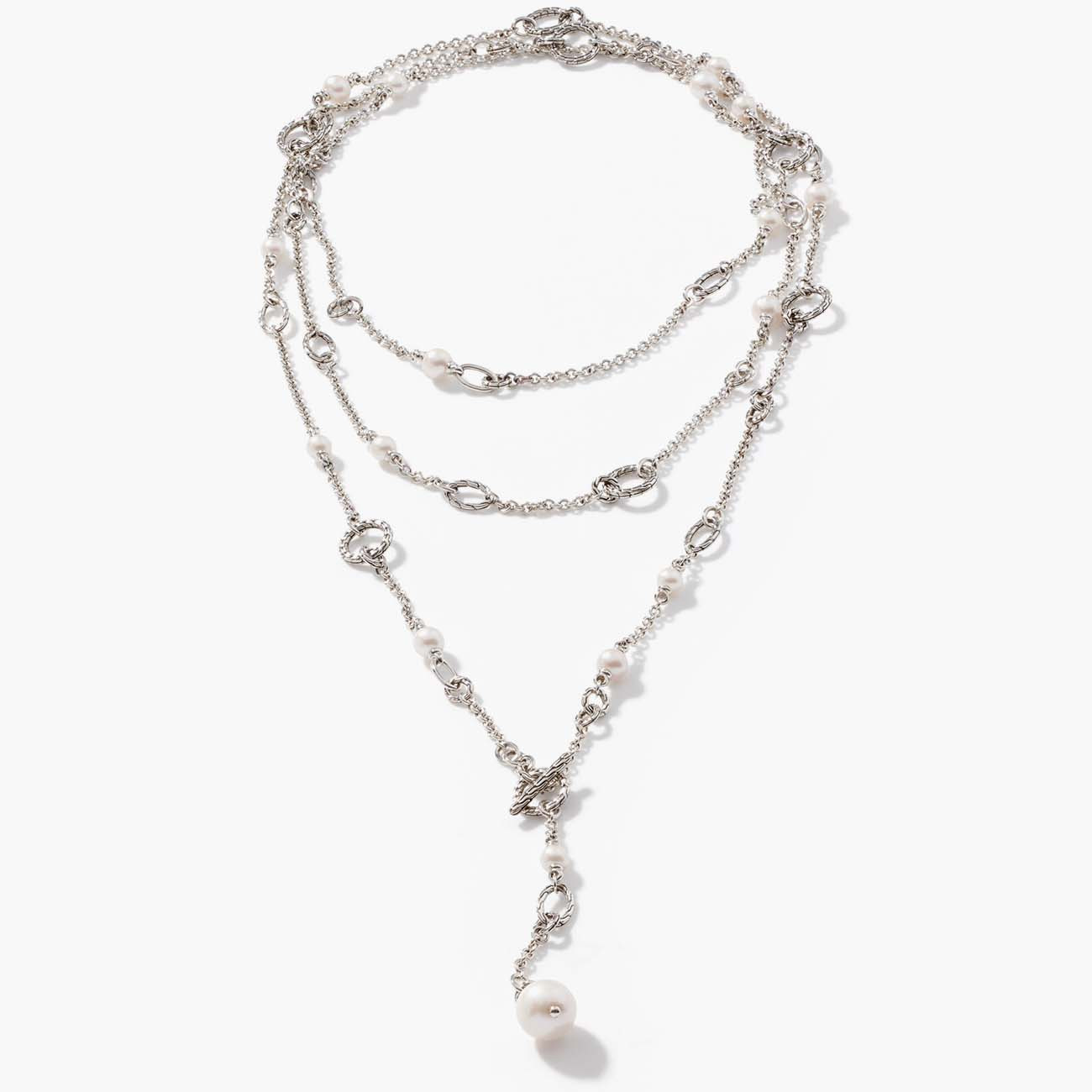 John Hardy Classic Chain Long Pearl Lariat Station Necklace in Sterling Silver