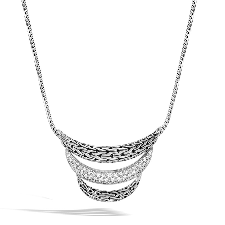John Hardy Silver Classic Chain Triple Arch Diamond Bib Necklace