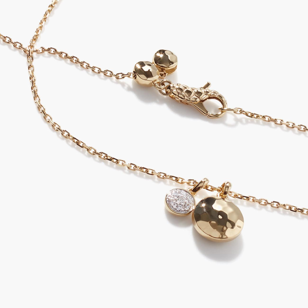 John Hardy Hammered Dot Yellow Gold & Diamond Charm Pendant Necklace Closeup
