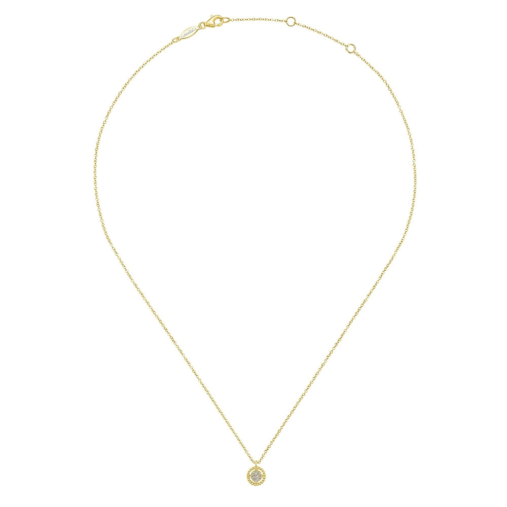 Bujukan Gabriel & Co. Yellow Gold Beaded Circle Diamond Necklace Full VIew