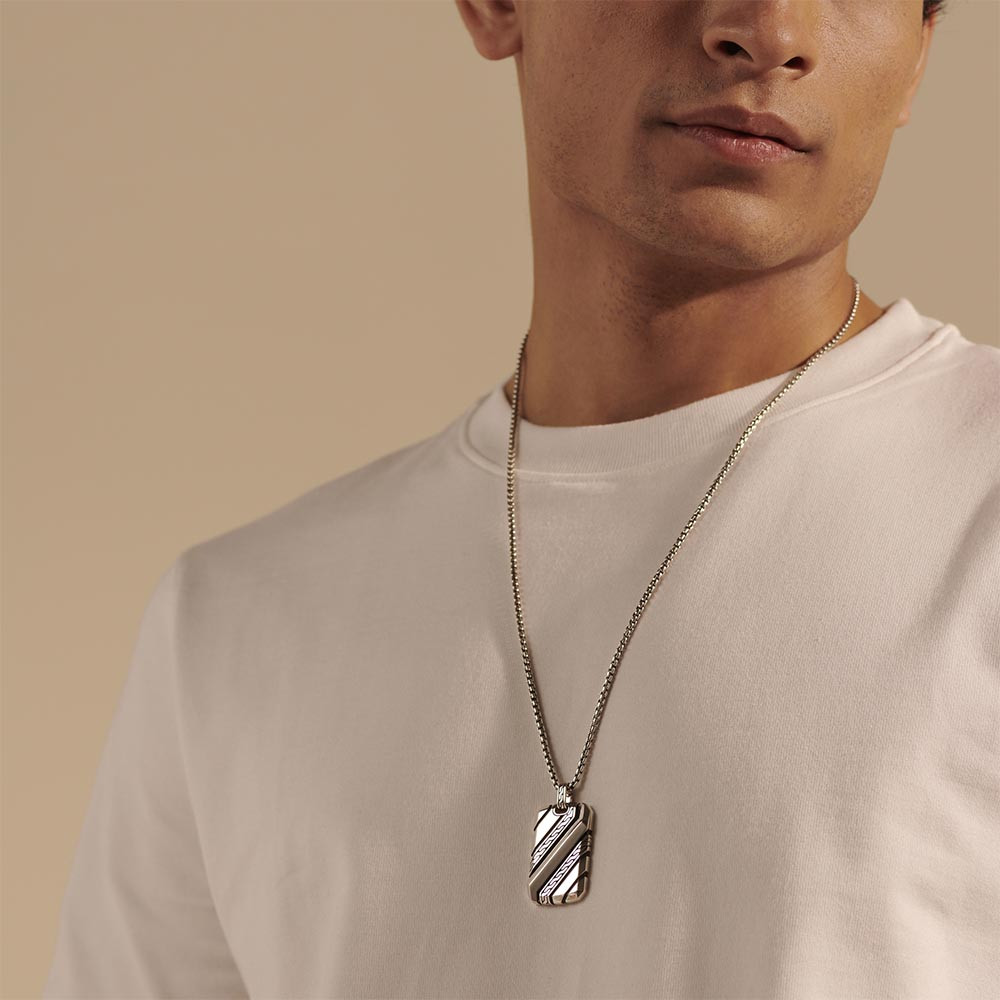 John Hardy Classic Chain Silver Dog Tag Necklace on model